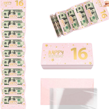 ysmile Pink 16th Birthday Money Envelope for Cash Gift Holder with Greeting Card for Girl Women Surprise Gift Idea with Clear Plastic Bag
