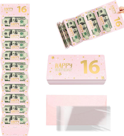 Pink 16th Birthday Money Envelope for Cash Gift Holder with Greeting Card for Girl Women Surprise Gift Idea with Clear