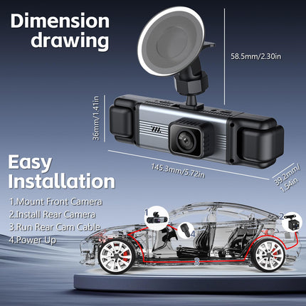 Dash cam de 4 canales 360° frontal, trasera e interior, tarjeta de 64GB incluida