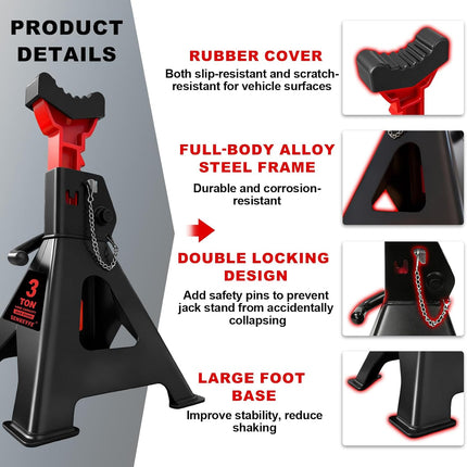 3 Ton (6,600 LBs) Jack Stands with Double Pin Locking,Rubber Cover and Large Foot Base,11"-17" Adjustable Height,Heavy Duty Car Jack Stands,Lifting SUV,MPV,Pickup Truck,ATV/UTV,1 Pair