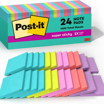 Super Sticky Notes, 24 Sticky Note Pads, 3 x 3 in., School Supplies, Office Products, 2X the Sticking Power, Supernova Neons Collection