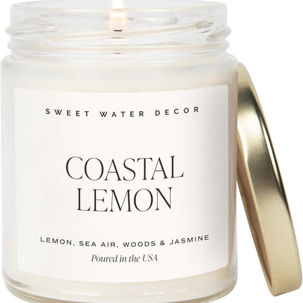 Sweet Water Decor Coastal Lemon Scented Candles - Soy Candles with Lemon, Sea Salt, & Driftwood for Home Decor - Candle Wax with 40 Hours Burn Time - 9oz Gold Lid Clear Jar Candles for Home Scented