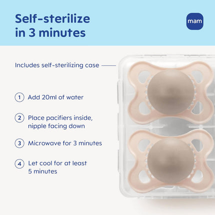 MAM Original Matte Baby Pacifiers 0-6 Months, Binky for Newborn Babies, BPA-Free Skin Soft Silicone Nipple, Easy to Clean, Developed with Medical Experts, 2 Count, With Sterilizer Case, Made in Europe