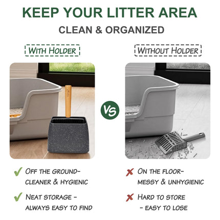 Pala para arena de gato con soporte, cernidor resistente, pala de acero inoxidable, mango de madera de haya y base lavable, para limpiar el arenero