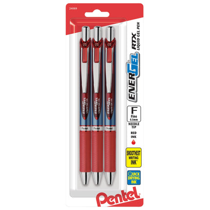 Bolígrafo de gel líquido retráctil EnerGel RTX, (0.5mm), línea fina, punta de aguja, tinta azul, pack de 3 (BLN75BP3C)