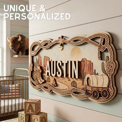 Custom Western Nursery Name Sign - Personalized Wooden Baby Name Sign with Cowboy Boots & Desert - 3D 2-Layer Birch Wood Wall Decor for Boy Room, Unique Wild West Gift