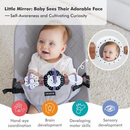 iGRATENS Baby Bjorn Bouncer Toy Bar, New Model Wooden Toy with Mirror for Baby Bouncer Soft & Bliss, Easy to Attach & Remove, Child-Friendly Material, Early Identification Black and White Toys, Lion