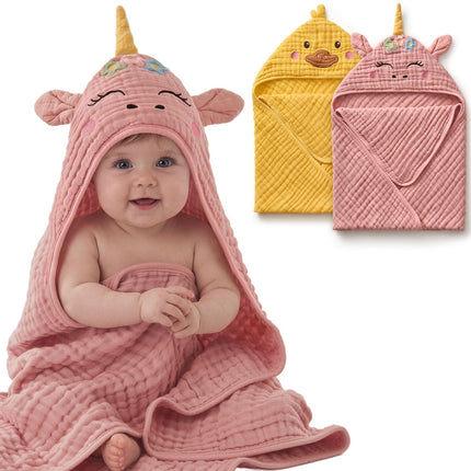 Muslin Baby Hooded Towel 2 Pack, Soft & Absorbent Bath Towel for Infant, Toddler, Unisex, Baby Gift, Newborn Essentials, Bear & Lamb