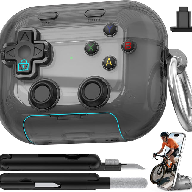 Pro 3 Earbud Case Cover with Pressable Button, Safety Lock and Phone Stand - Clear Black
