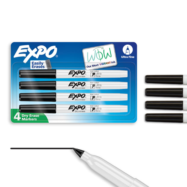 Dry Erase Markers, Low Odor Ink, Black, Ultra Fine Tip, 4 Count
