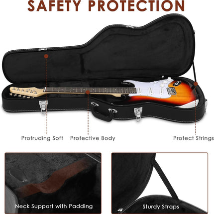 Wooden Electric Guitar Hard Case with Soft Interior Lining, 39 Inch Padded Hardshell Case for GST/GTL Style Guitars, Black