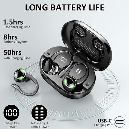 Wireless Earbuds, 2026 Bluetooth 5.4 Headphones Sports, 50 Playback Over-Ear buds with ENC Noise Cancelling Mics, Deep Bass Fitness Earphones Gym Running Workout, IP7 Headset with Earhook, LED Display