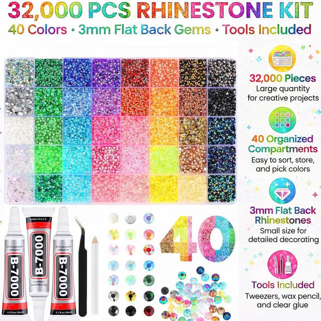 32000 PCS Rhinestones for Bedazzling, Multicolor 3mm Flatback Gems, Suitable for Nail Art, Craft Making, and Handicrafts