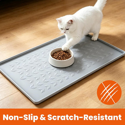 Silicone Pet Feeding Mat - 100% Waterproof Dog & Cat Bowl Pad with Raised Edges - Protects Floors from Messy Eaters & Spills - Anti-Slip, 100% PET-Safe, Dishwasher Safe (Grey 18.5"x11.5")