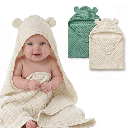Muslin Baby Hooded Towel 2 Pack, Soft & Absorbent Bath Towel for Infant, Toddler, Unisex, Baby Gift, Newborn Essentials, Bear & Lamb