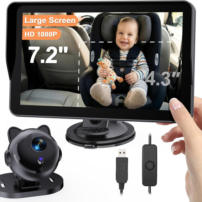 HD Baby Camera for Car 7.2-Inch: 3X Larger View, 5-Min USB Easy to Install, 1080P Auto Night Vision - 150° Wide Angle