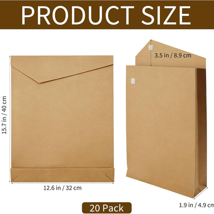 20 Pack 12.6" x 15.75" Expandable Large Kraft Envelopes, Anti Tear Catalog Mailing Envelopes with Big Hook-and-Loop Closure for Home Office Business Paper Documents Storage, Brown