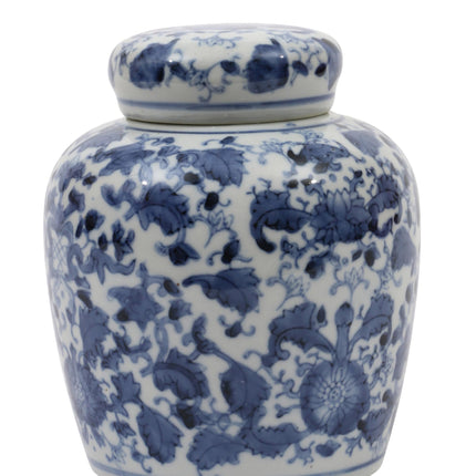 Small Decorative Ceramic Ginger Jar with Lid, Blue and White Floral Pattern