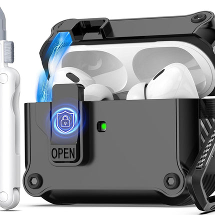 R-fun for AirPods Pro 2 Case Cover with Lock & Cleaning Kit, Keychain, Magnetic Lid, Compatible with AirPods Pro 2nd/1st Generation Protective Case, Support Wireless Charging, Black