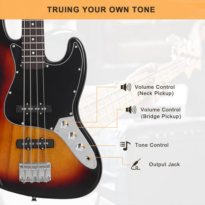 4-String Full-Size Right-Handed Electric Bass Guitar with Bag, Amp Cord and Beginner Kit - Sunset - photo 4