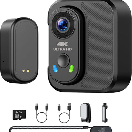 4K Mini Body Camera, Thumb Size POV Cam Action Camera with WiFi, EIS Stabilization, Magnetic Mount, 64GB Storage, Charging Case, Hands-Free Recording for Content Creator TikTok YouTube Vlogging