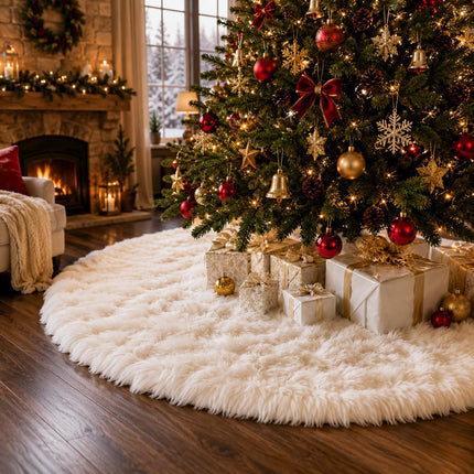 Christmas Tree Skirt, 48 Inch White Soft Faux Fur Tree Skirts Plush Christmas Decorations, White Ornaments Christmas Tree Skirts Xmas Decorations Indoor Holiday Party Decor