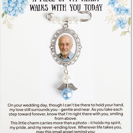 Wedding Bouquet Photo Charms, Something Blue Gift For Bride, Memorial Pin For Wedding Groom, Remembrance Gift From Deceased Mom Or Dad, DIY Bridal Pin With Guardian Angel Memory Charm And Picture