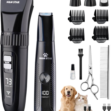 M&M STAR Dog Grooming Kit, Quiet Dog Clippers for Grooming Heavy Thick Coats, Cordless Pet Hair Trimmer & Shaver with Paw Trimmer, Low Noise Rechargeable Clippers for Small Large Dogs Cats