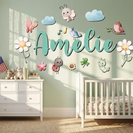 Custom Nursery Name Sign with Themed Decor Kit | Personalized Wooden Wall Art for Baby, Kids Room | Space, Jungle, Circus, Under The Sea, Woodland, Rainbow (20", Fairy Garden)