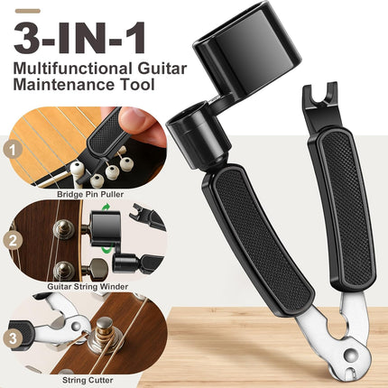 Guitar String Winder, String Cutter, Bridge Pin Puller, Professional 3-in-1 Tool Kit for Acoustic and Electric Guitars, Sturdy Peg Winder String Changing Tuner Maintenance