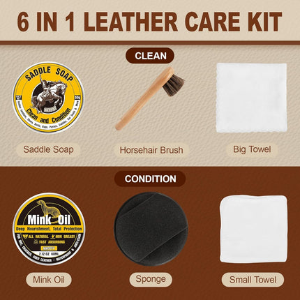 Leather Boot Care Kit, Mink Oil & Saddle Soap for Leather Cleaning & Leather Boots, 6-in-1 Leather Shoe Care Kit, Leather Cleaner and Conditioner for Purses, Shoes, Boots, Couch, Car