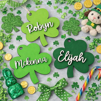St Patrick's Day Child Basket Tag, Children Keepsake, Clover-Shaped Wooden Name Tag
