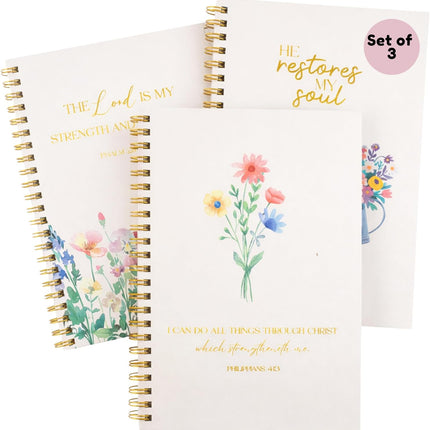 Christian Notebook Set of 3 – Scripture Botanical Spiral Journal for Women – 100 GSM No-Bleed Bible Study Supplies – 3 Floral Lined Notebooks for Prayer Journal, Sermon Notes, and Devotionals