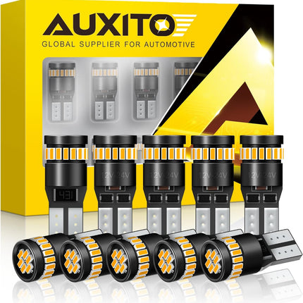 AUXITO 194 LED Light, Amber Yellow 168 2825 W5W T10 Wedge LED Replacement Light Kit Error Free for Car Dome Map Door Parking License Plate Marker Lights, Pack of 10