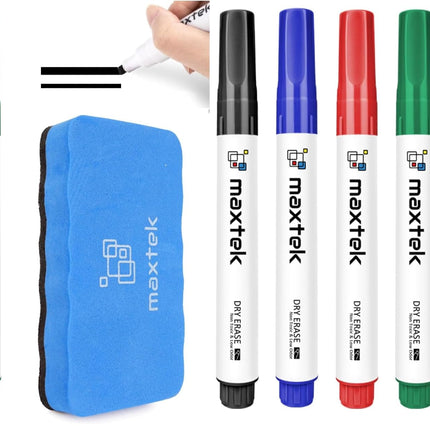Dry Erase Markers with Magnetic Eraser, Chisel Tip, 4 Count