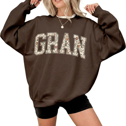 Daytee Women's Mama Grandma Auntie Sweatshirt - Botanical Floral Varsity Letter Crewneck - Dark Chocolate Brown Pullover