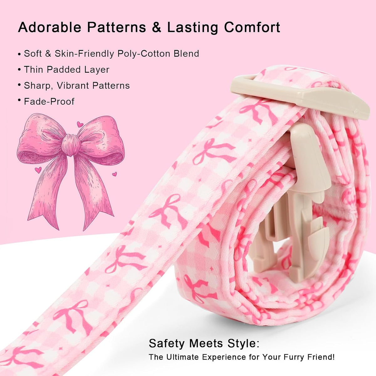 Pink Plaid & Bow Adjustable XS Dog Collar for Puppies and Small Dogs - photo 3