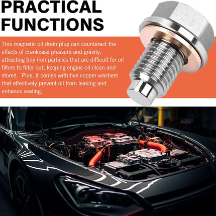 M12 x 1.25 Magnetic Oil Drain Plug, Magnetic Stainless Steel Oil Pan Drain Nut Bolt with 5 PCS Copper Crush Washer Anti Leakage, Universal Leak-proof Replacement,Fits Most Cars, Motorcycles, Boats
