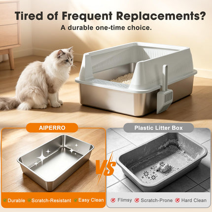 Stainless Steel Litter Box with Lid, High Sided Metal Litter Boxes