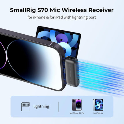 SMALLRIG S70 Mic Lightning Wireless Receiver S70RX-L for iPhone/for iPad, Professionally Tuned by Grammy Winner for Broadcast-Quality Sound in Vlogging, Live Streaming & Content Creation (Black)