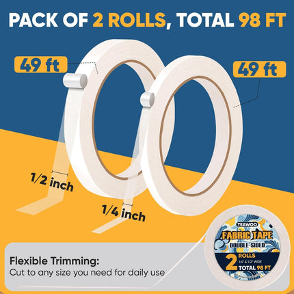 TEAWOO 2 Rolls Double Sided Fabric Tape, 98 FT Hem Tape No Sewing No Iron, Quick Clothing Repairs, Clothing Tape for Fabric Bonding & DIY Crafts