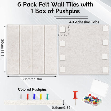 Thboxes Felt Bulletin Board Tiles 36" x 24", 6-Pack Cork Board for Office, Pin Board with 30 Pushpins Cork Boards for Office Decor Walls Organizer, 40 Adhesive Tabs Included - Oatmeal