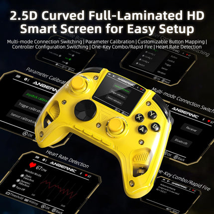 Interactive Screen Wireless Gaming Controller for Steam/PC/Linux/iOS/Android/Switch/Switch 2, Hall Effect Joystick & Triggers, Remappable Buttons,2.4G Wireless,Bluetooth 5.0,Wired,2100mAh with Handle stand (Yellow)