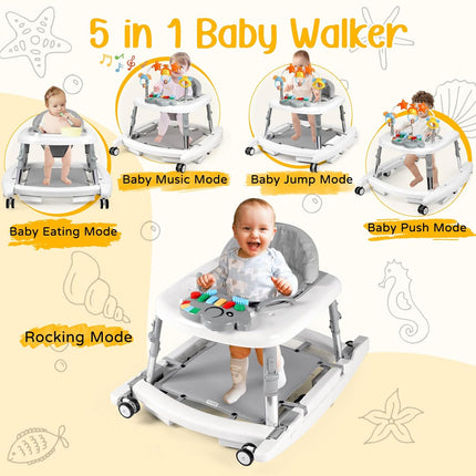 5 in 1 Baby Walker Foldable Music and Lights with 5 Adjustable Heights, Baby Walker with Wheels Portable, Infant Toddler Walker for Baby Boy Girls 6-18 Months (White)