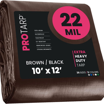 PROTARP Extreme Heavy Duty 22 Mil Tarp Cover, Waterproof, UV Resistant, Rip and Tear Proof, Poly Tarpaulin with Reinforced Edges for Roof, Camping, Patio, Pool, Boat. (Brown/Black 10′ X 12′)