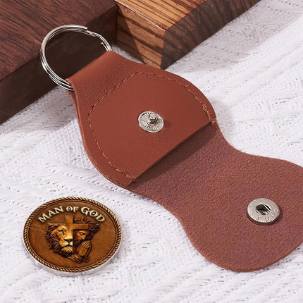 Man Of God Personalized Pocket Hug with Name in Bible Verse, Custom Christian Inspirational Coin Token with Leather Holder Keychain, Fathers Day Religious Faith Affirmation Gift for Dad, Husband (5)