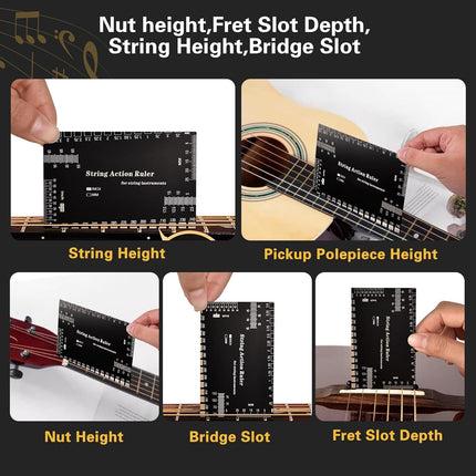 10 Pcs Guitar Luthier Tools Include 9 Pcs Understring Guitar Radius Gauge and 1 String Action Height Gauge Ruler, Measuring Setup Tool Kit for Guitar Bass