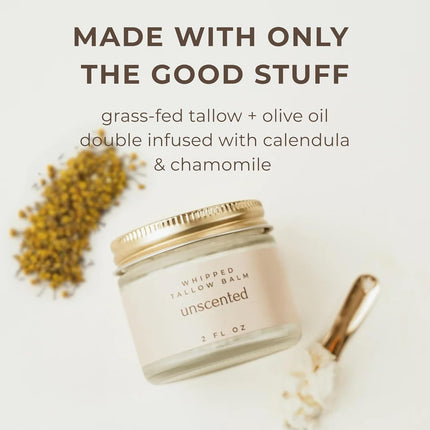 Whipped Tallow Balm – 100% Grass Fed Beef Tallow for Baby, Eczema & Sensitive Skin; Double-Infused with Calendula & Chamomile Herbs (Unscented Herb-Infused)