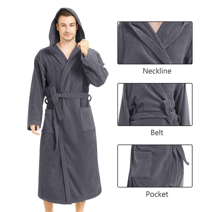 Men's Bathrobes with Hood, 100% Cotton Terry Bath Robe, Soft Long Shower Towel Robe for Men with Pockets