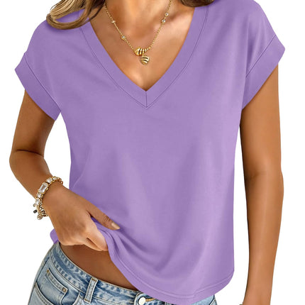 Womens Crop Tops V Neck Short Sleeve T Shirts Summer Basic Tee